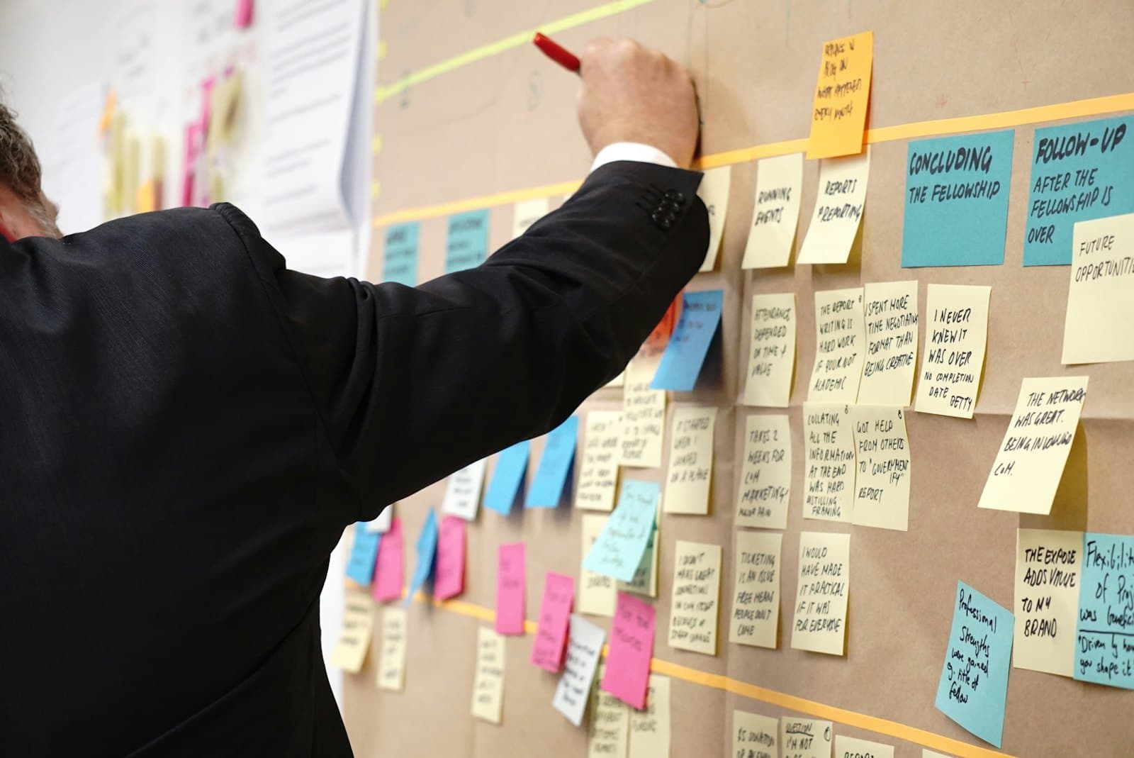 A person adding a sticky note to a project planning wall covered in tasks